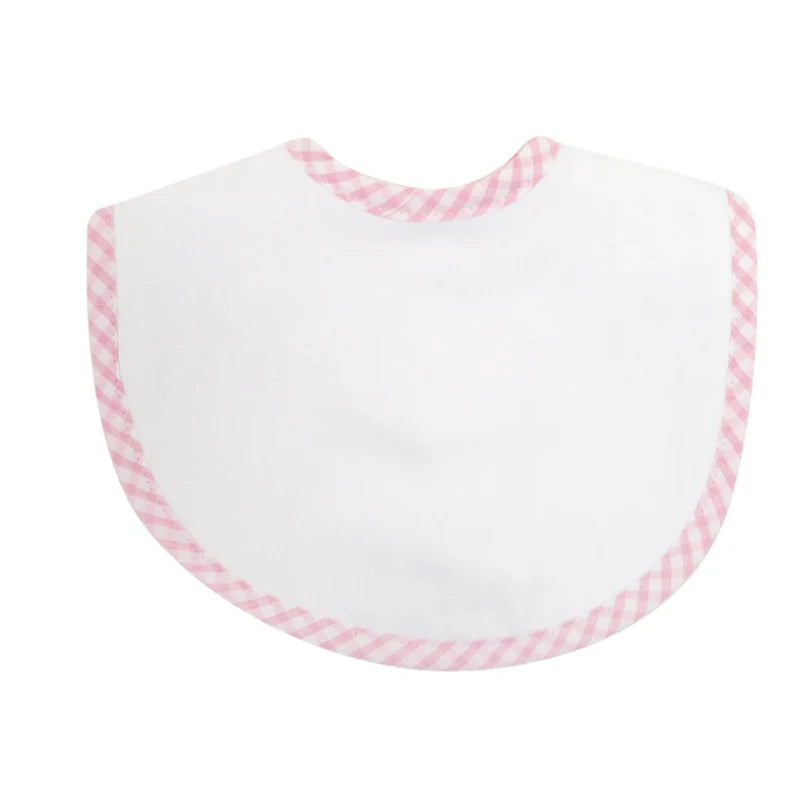 White bib with pink checkered trim on a white background