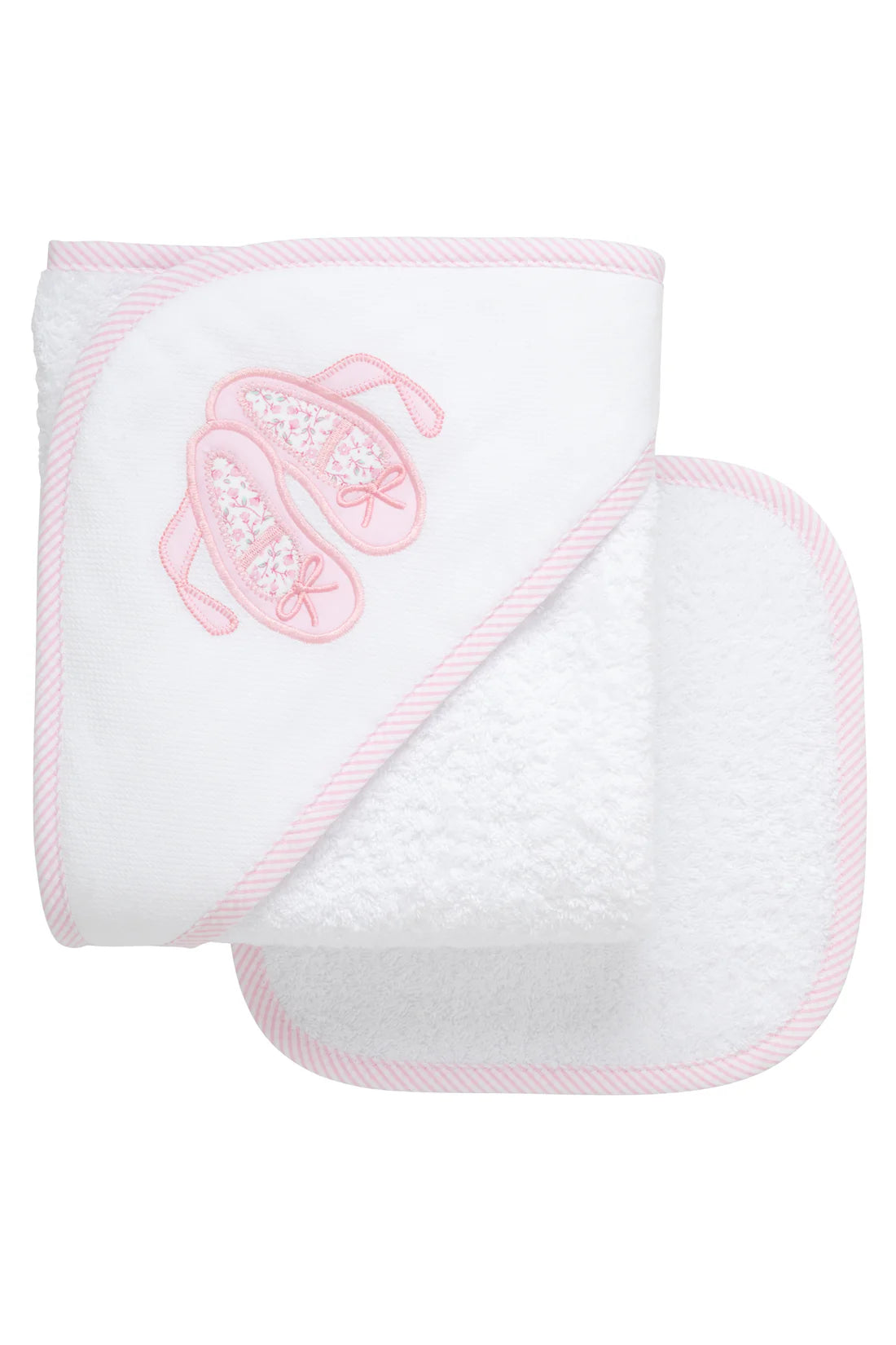 White baby blanket with pink trim and embroidered design on a white background
