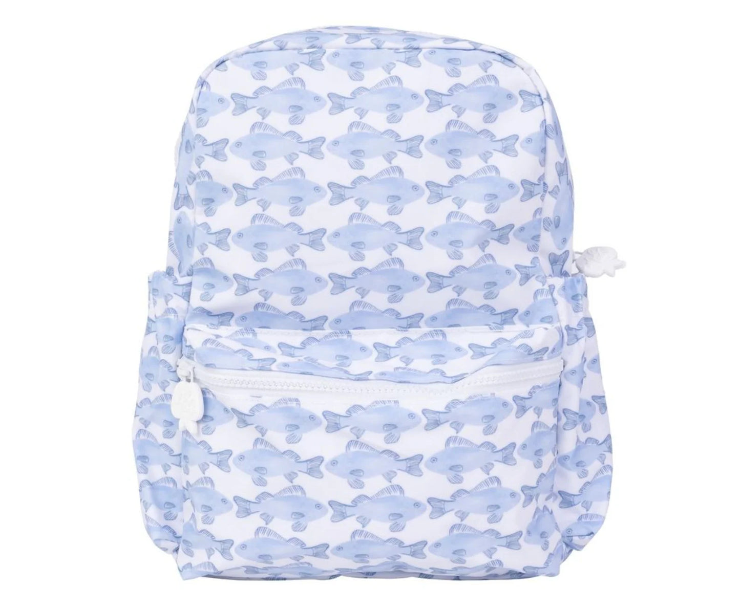 Backpack with blue fish pattern on a white background