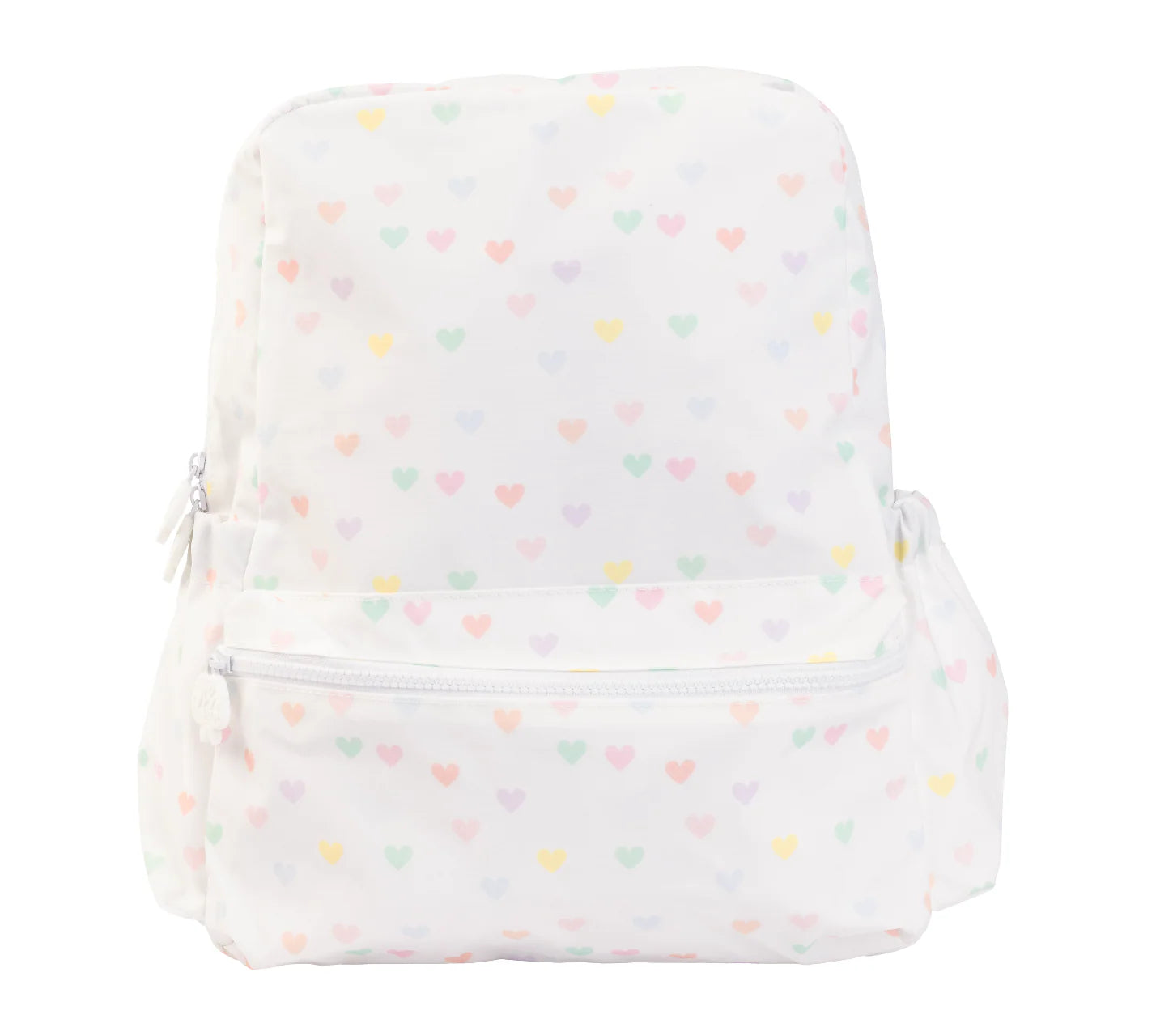 Backpack with colorful heart pattern on a white background