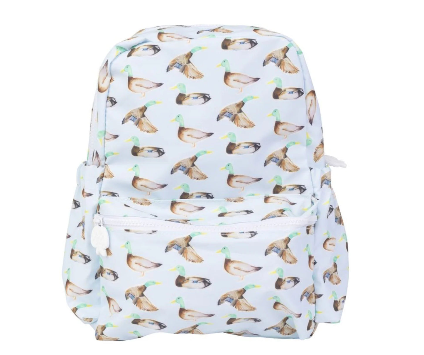 Backpack with duck pattern on a light blue background