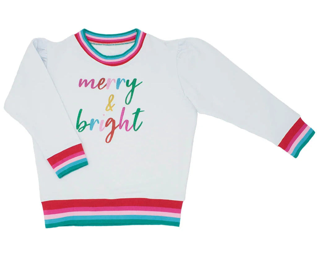 White sweater with colorful trim and 'merry & bright' text on a white background