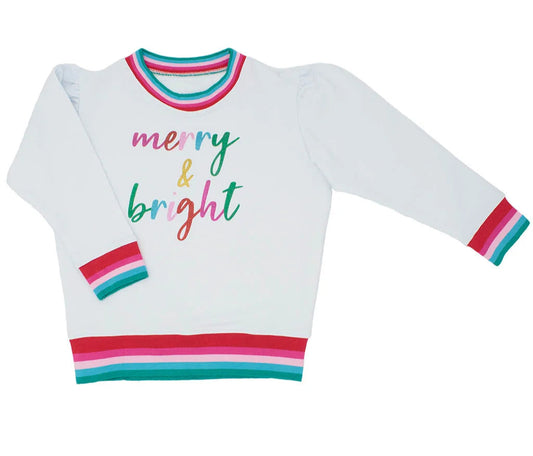 White sweater with colorful trim and 'merry & bright' text on a white background